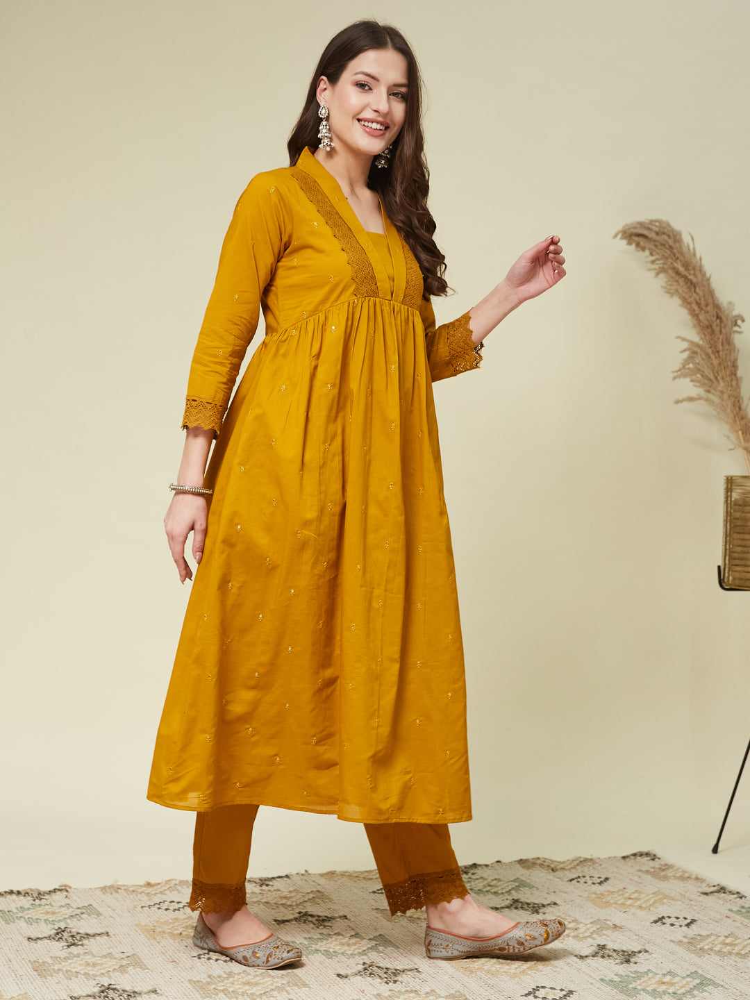 Mustard Cotton Embroidered Co-ord set