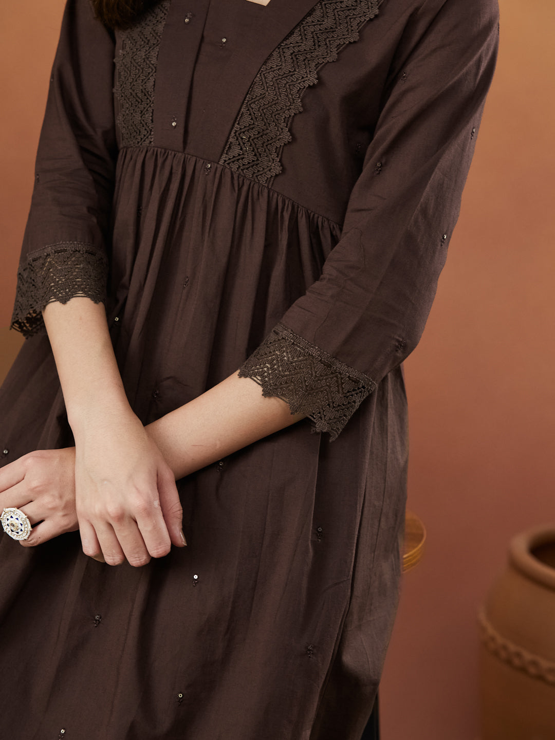 Brown Cotton Embroidered Co-ord set