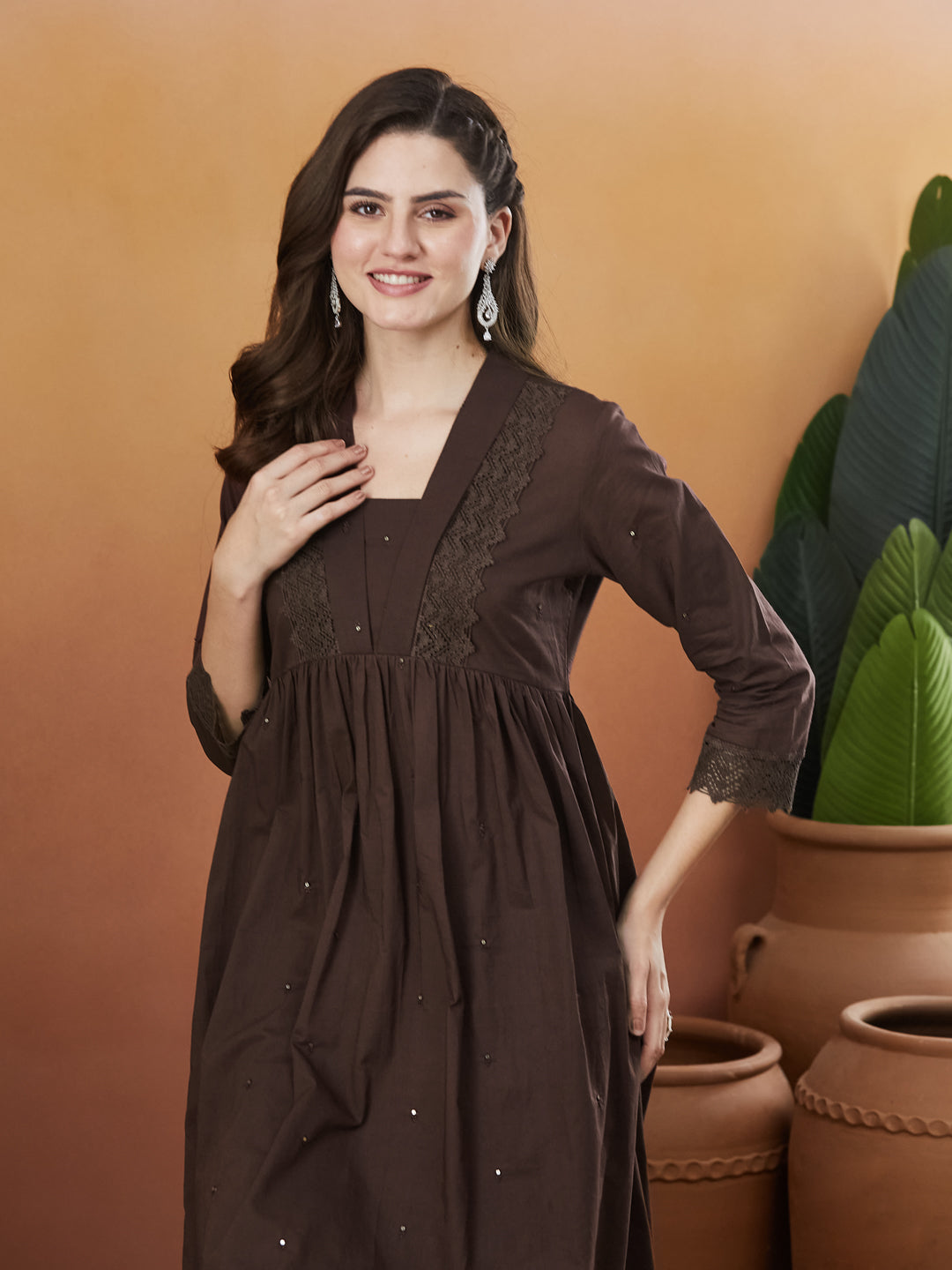 Brown Cotton Embroidered Co-ord set