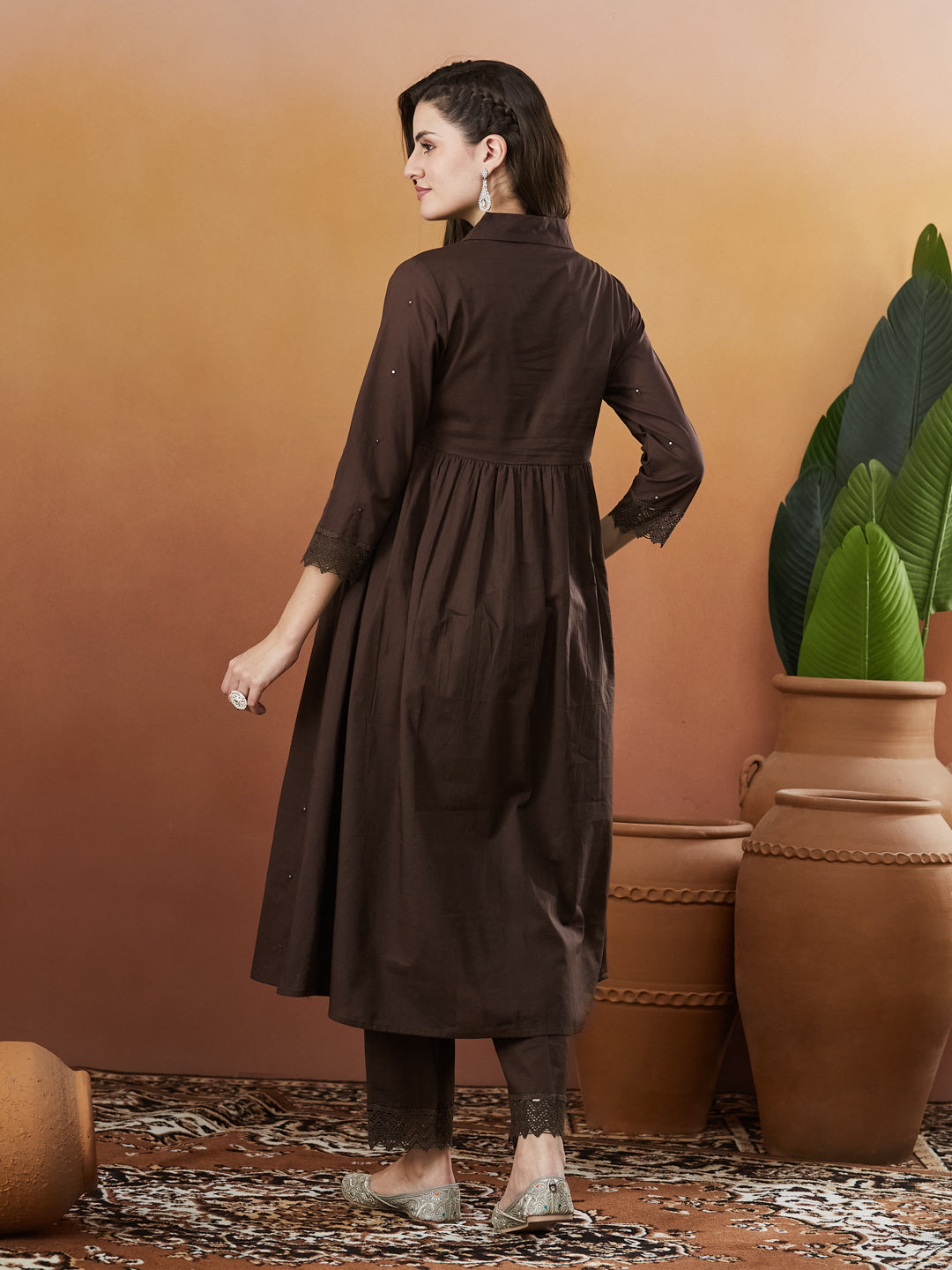 Brown Cotton Embroidered Co-ord set