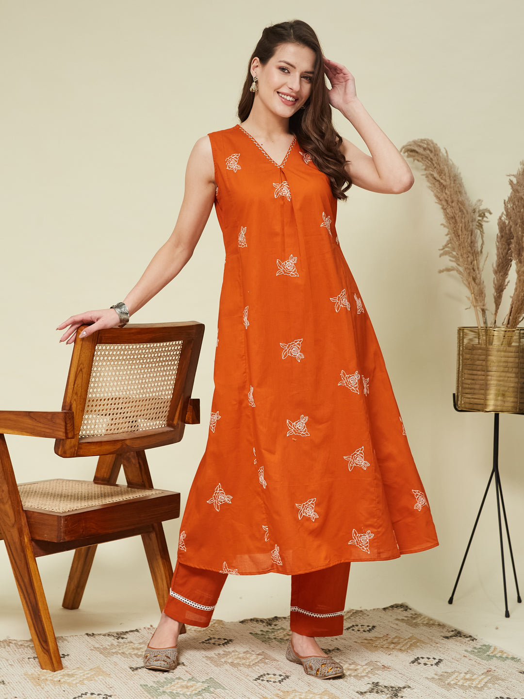 Orange Poly Cotton Embroidered Co-ord Set | embroidered co ord sets for women | frontside view