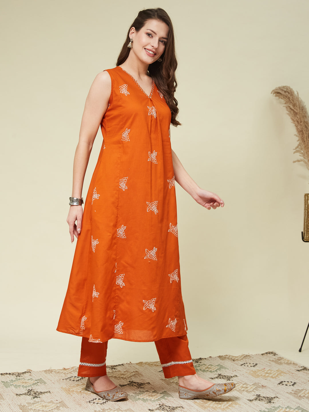 Orange Poly Cotton Embroidered Co-ord Set | embroidered co ord sets for women | frontside full view