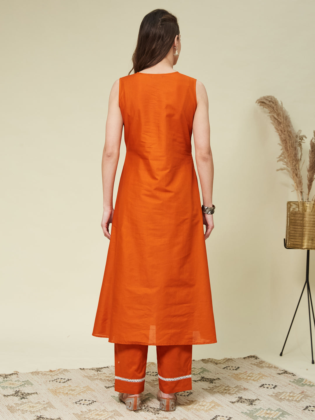 Orange Poly Cotton Embroidered Co-ord Set | embroidered co ord sets for women | backside view