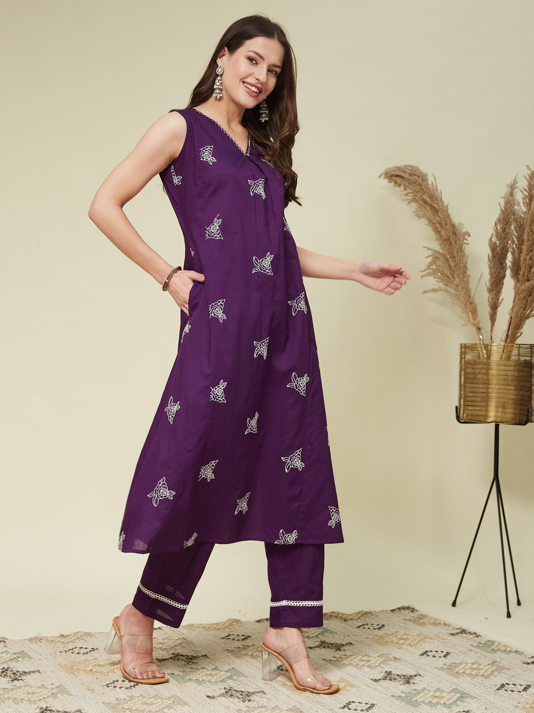 Violet Poly Cotton Embroidered Co-ord Set | cotton co ord set for women
| frontside view