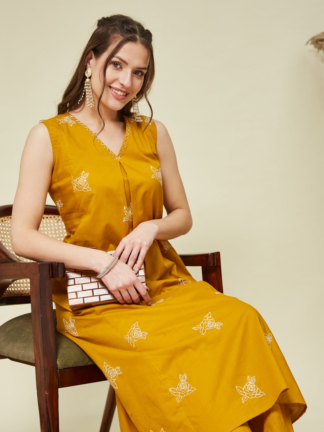 Mustard Poly Cotton Embroidered Co-ord Set for women | cotton co ord set for women | frontside view
