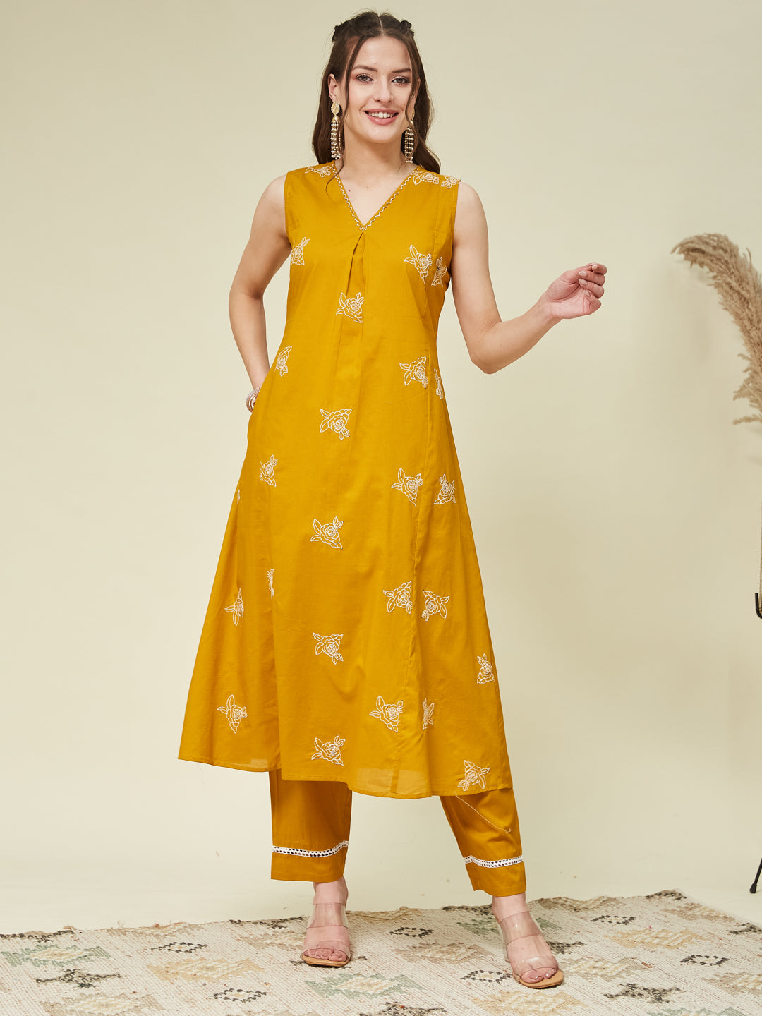 Mustard Poly Cotton Embroidered Co-ord Set for women | cotton co ord set for women | frontside full view