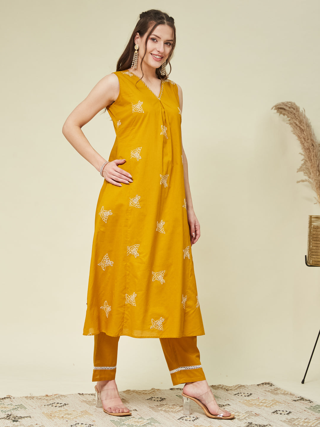 Mustard Poly Cotton Embroidered Co-ord Set for women | cotton co ord set for women | rightside view