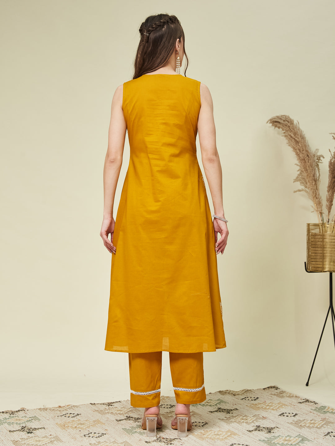 Mustard Poly Cotton Embroidered Co-ord Set for women | cotton co ord set for women | backside view