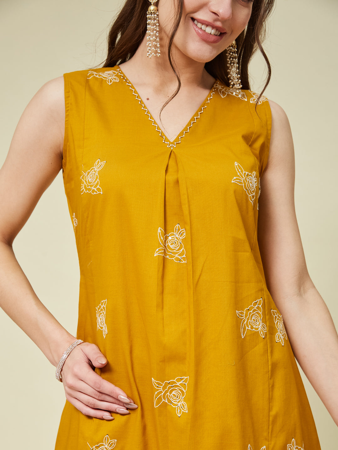 Mustard Poly Cotton Embroidered Co-ord Set for women | cotton co ord set for women | frontside half view