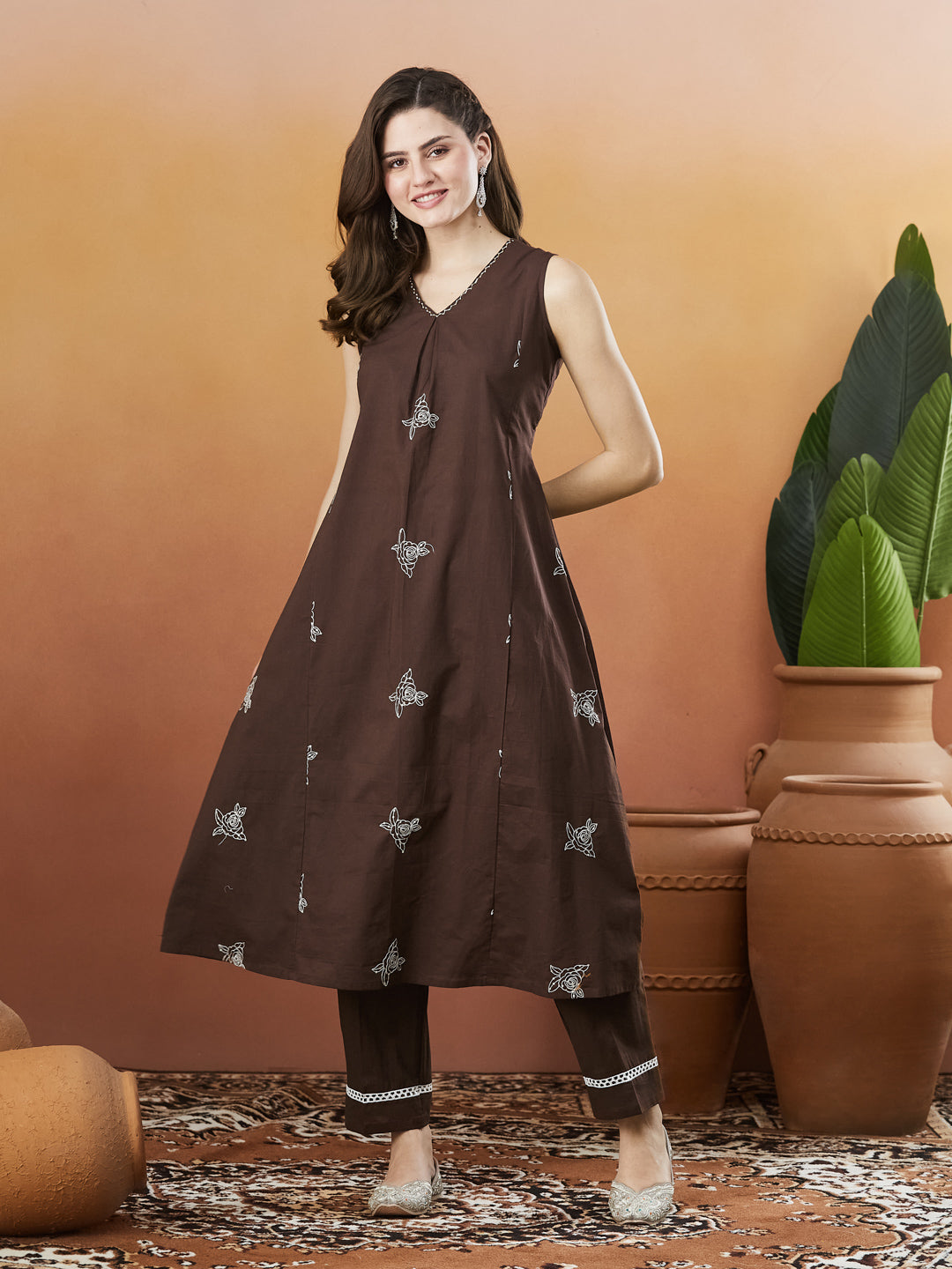 Brown Poly Cotton Embroidered Co-ord Set