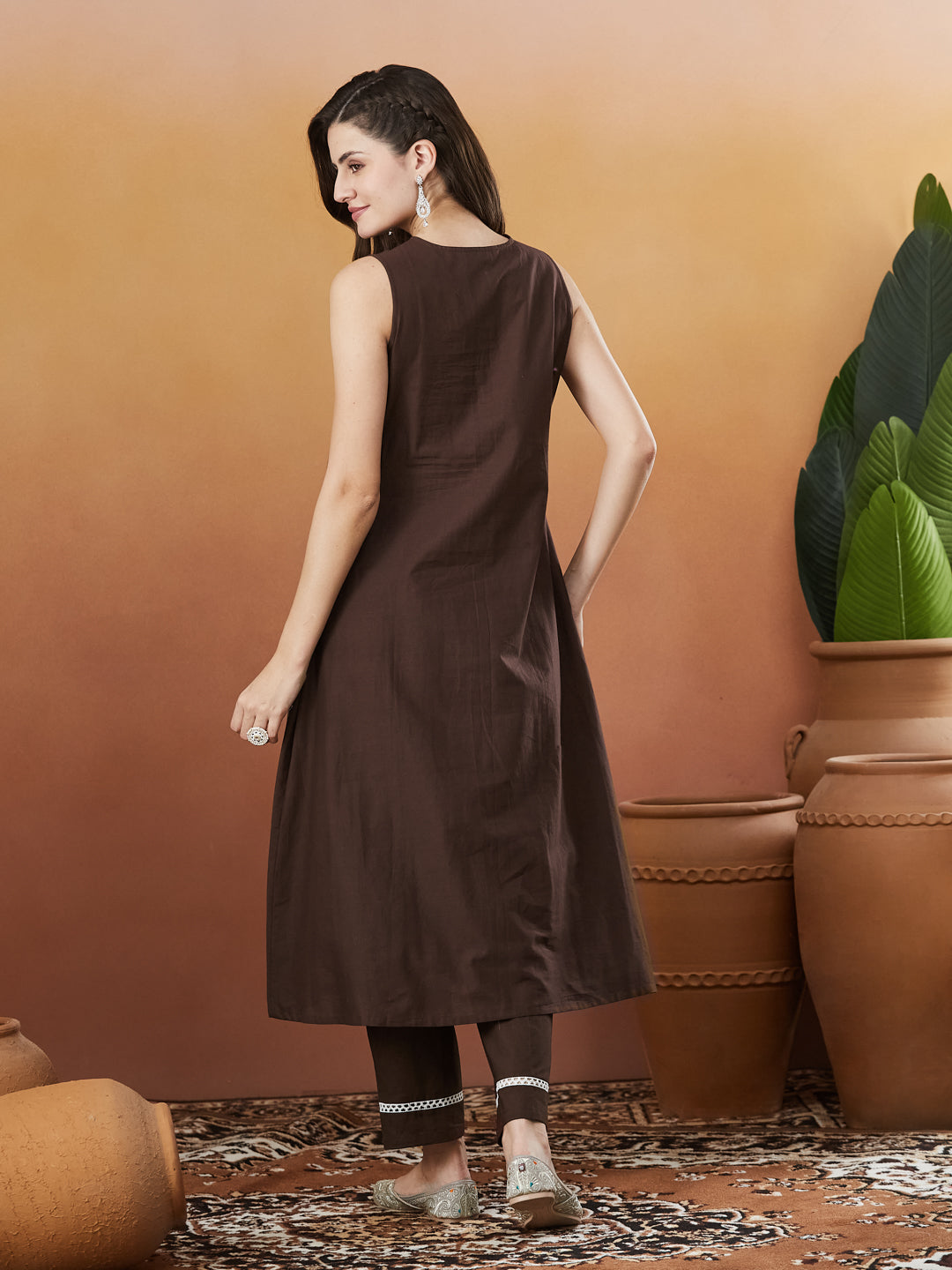 Brown Poly Cotton Embroidered Co-ord Set