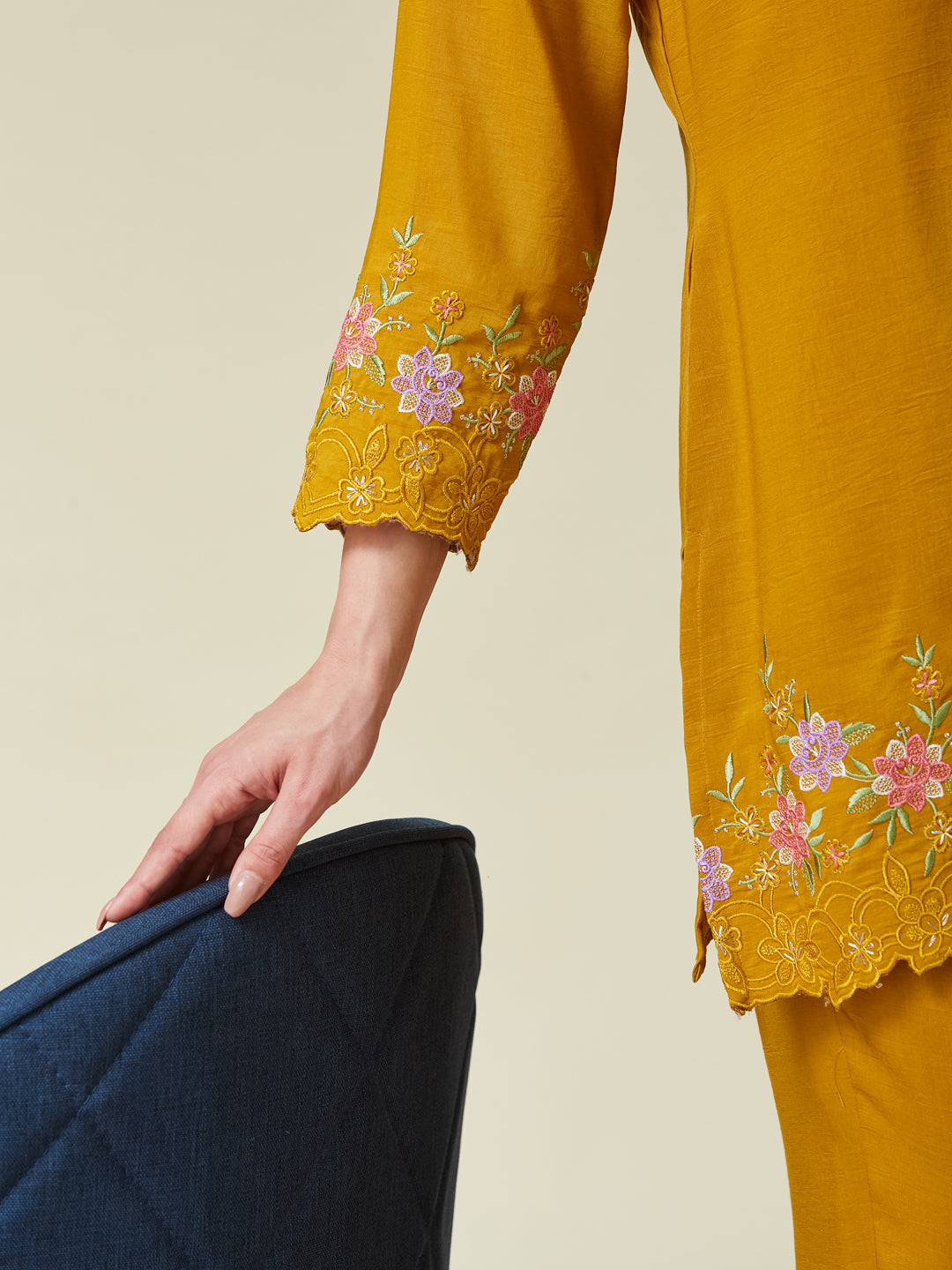 Dark Mustard Cotton Floral Embroidered Co-Ord Set