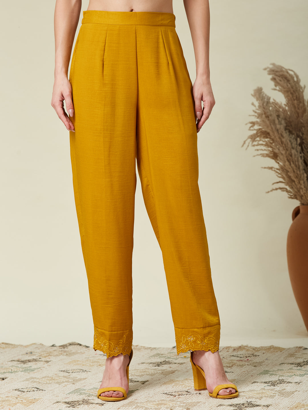 Dark Mustard Cotton Floral Embroidered Co-Ord Set