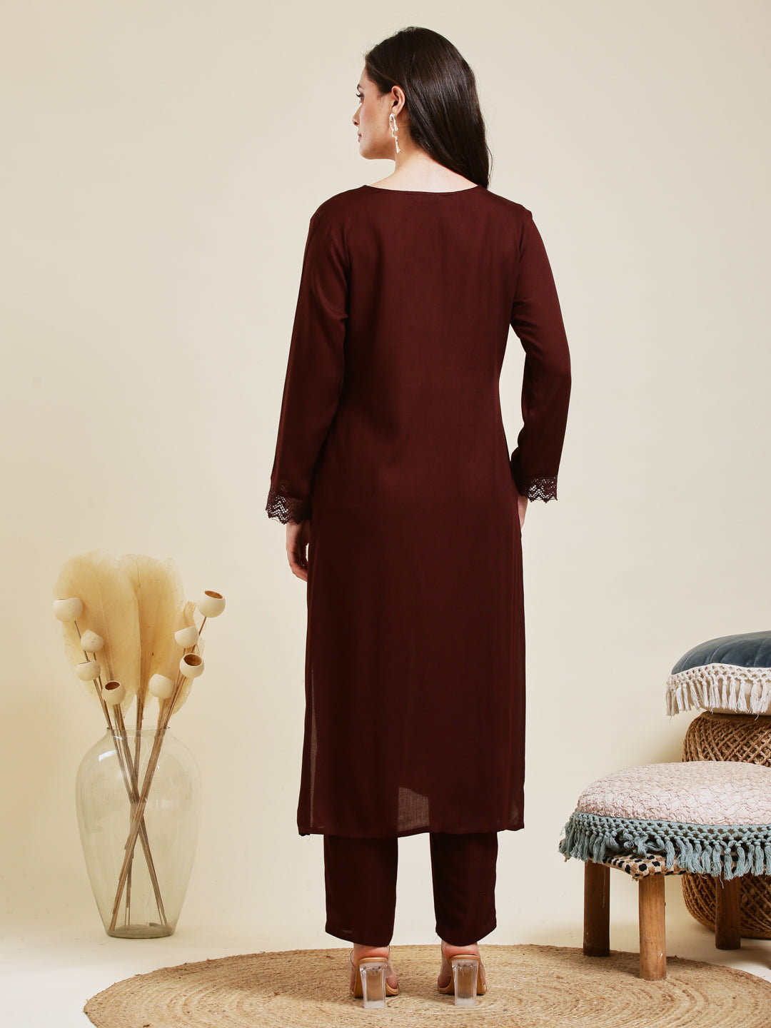 Coffee Rayon Embroidered Co-ord Set for Women