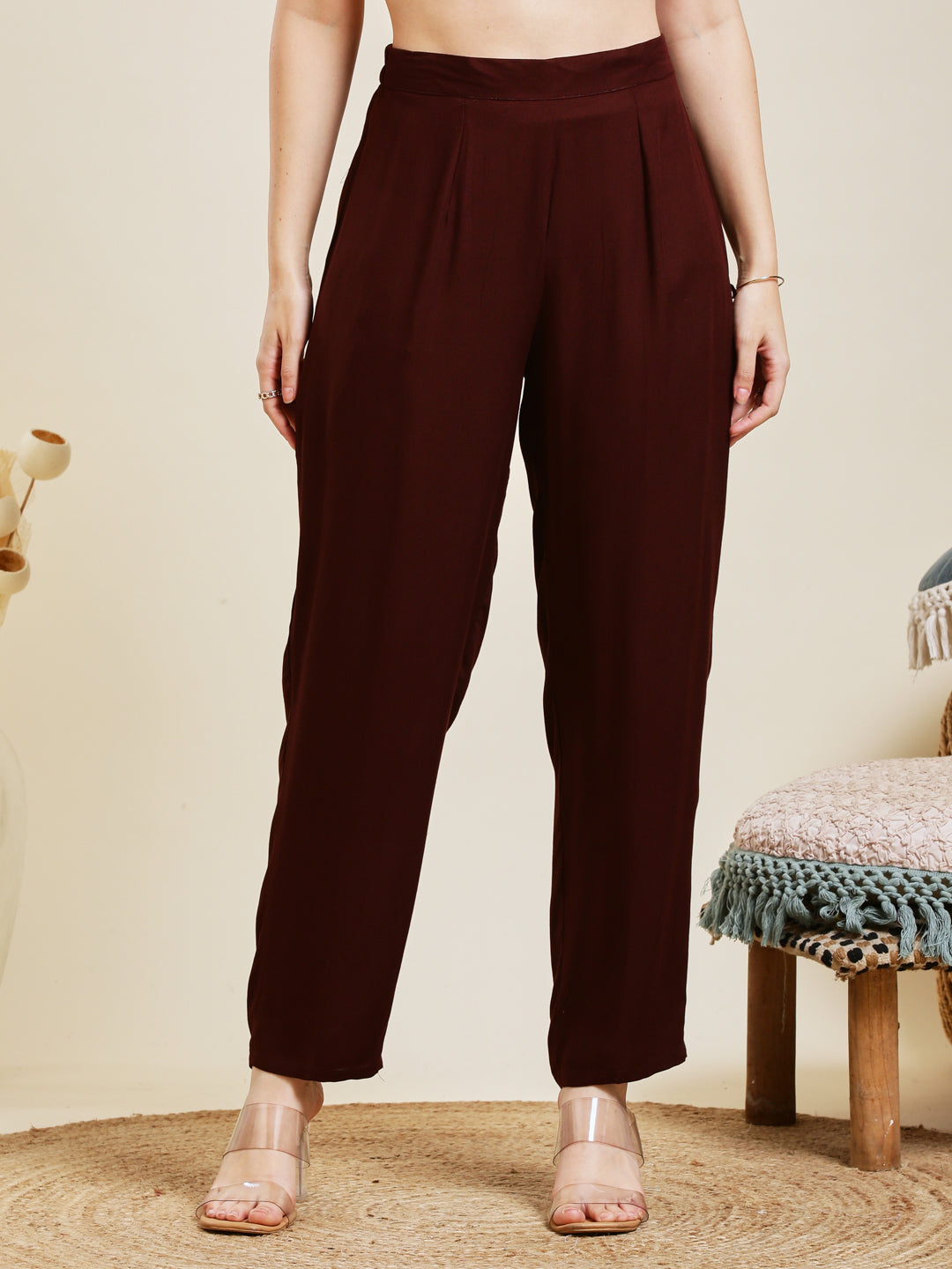 Coffee Rayon Embroidered Co-ord Set for Women