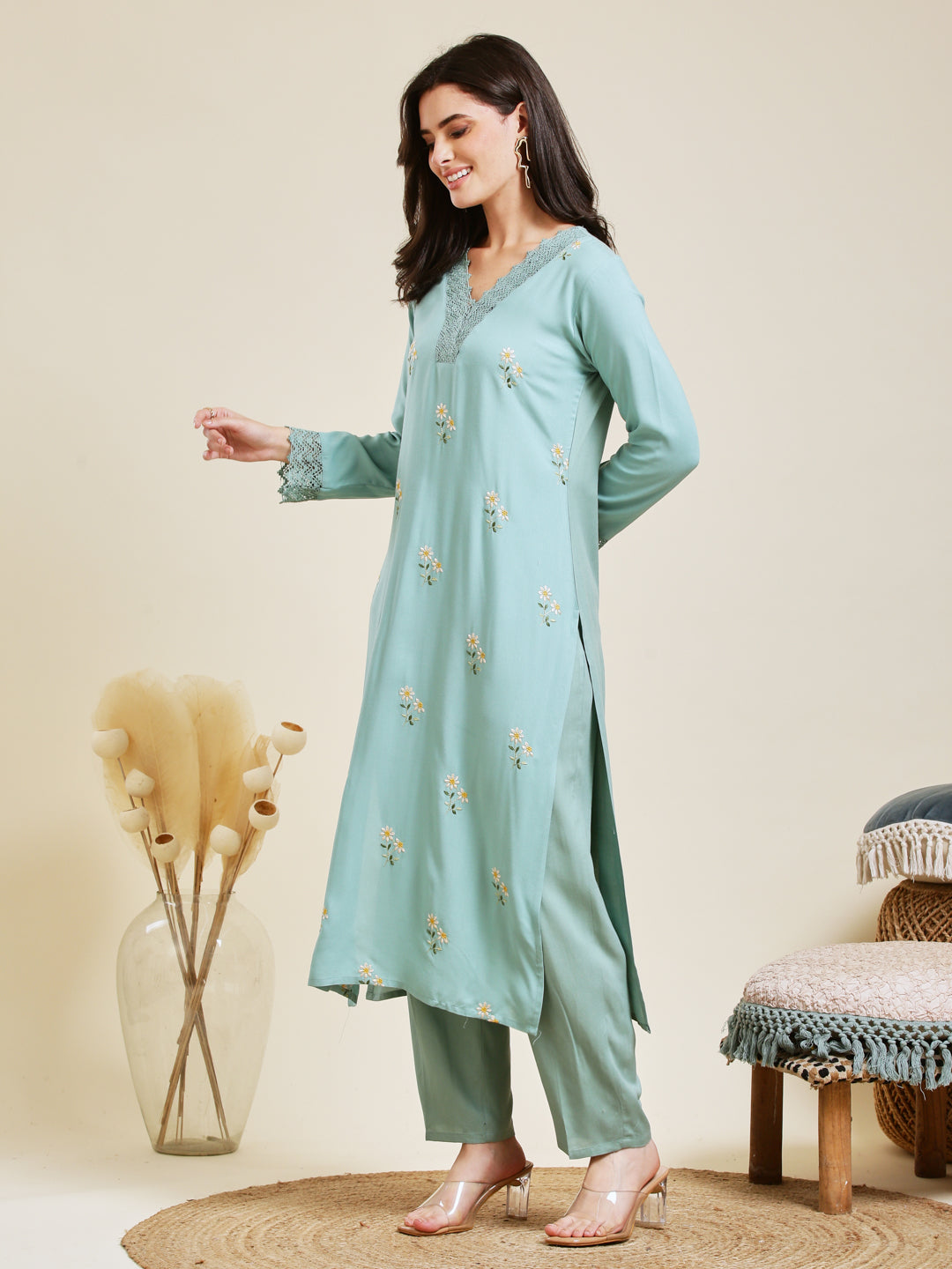 Sky Blue Rayon Embroidered Co-ord Set for Women