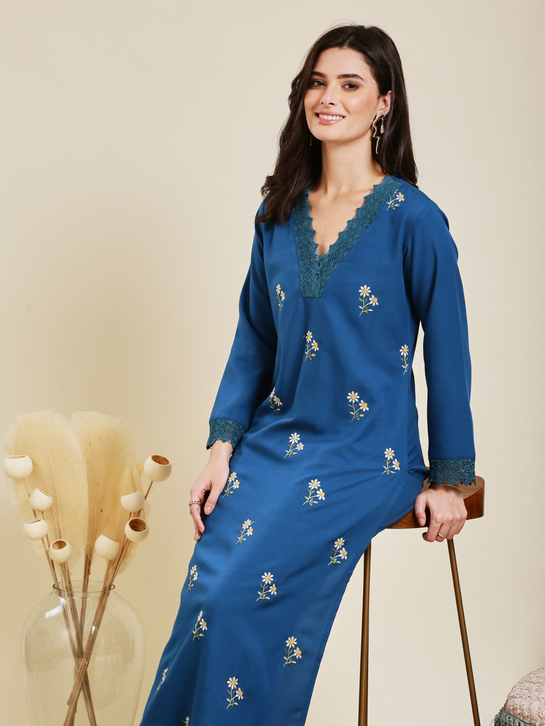 Teal Blue Rayon Embroidered Co-ord Set for Women