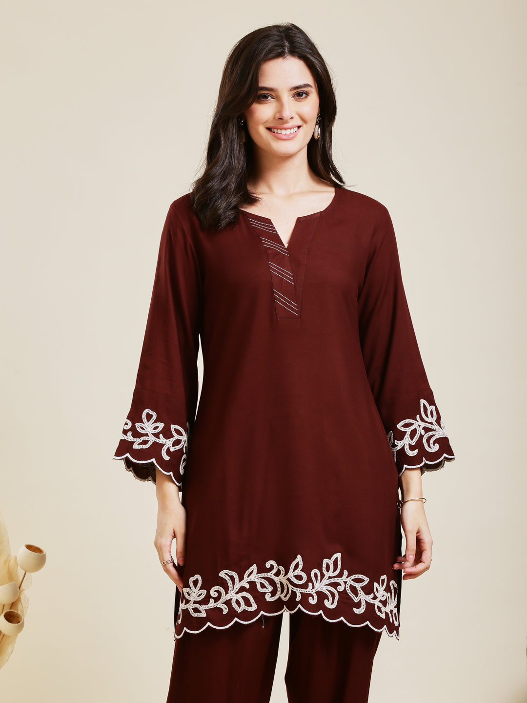 Coffee Rayon Embroidered Co-ord Set for Women
