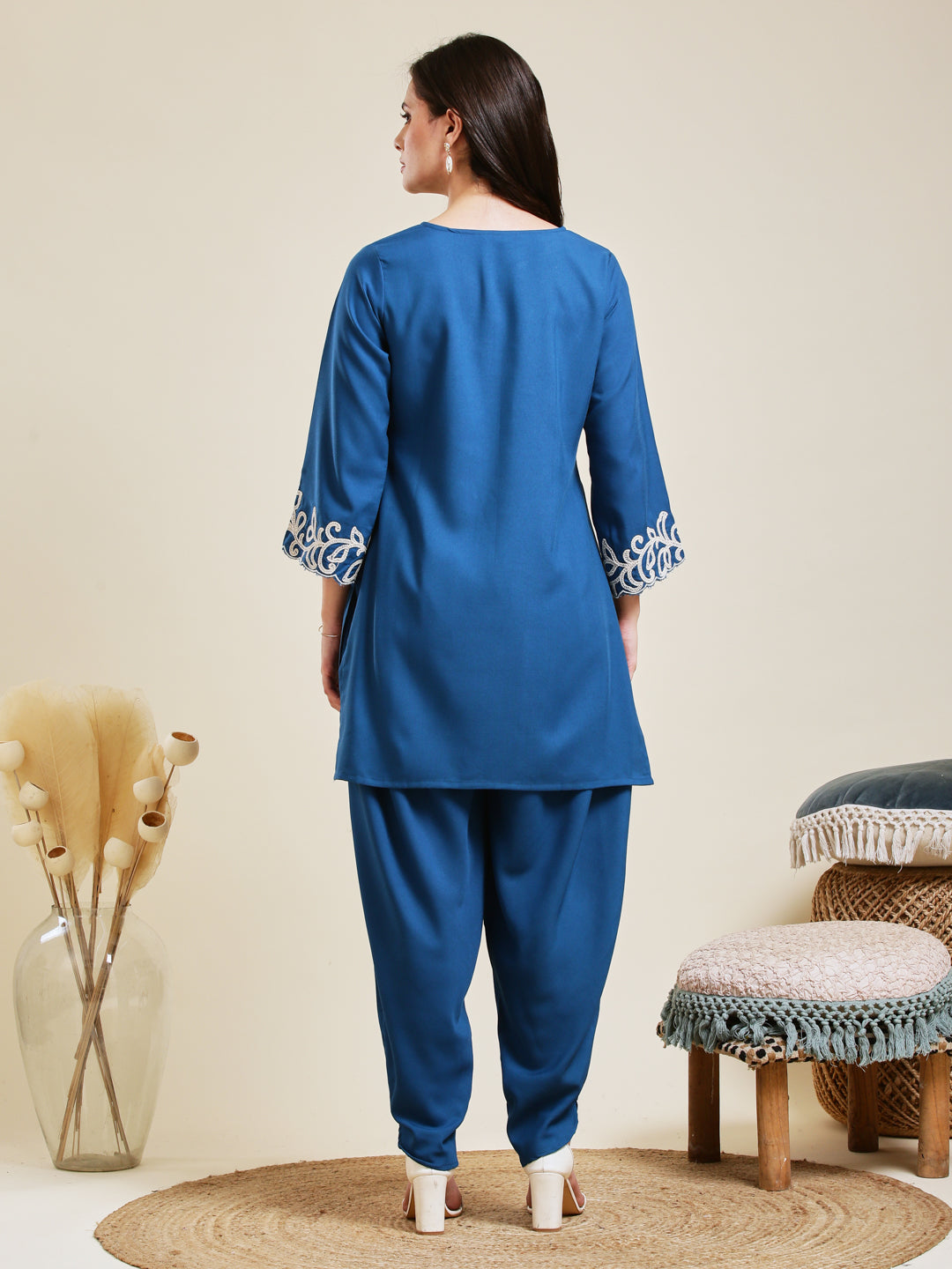 Teal Blue Rayon Embroidered Co-ord Set for Women