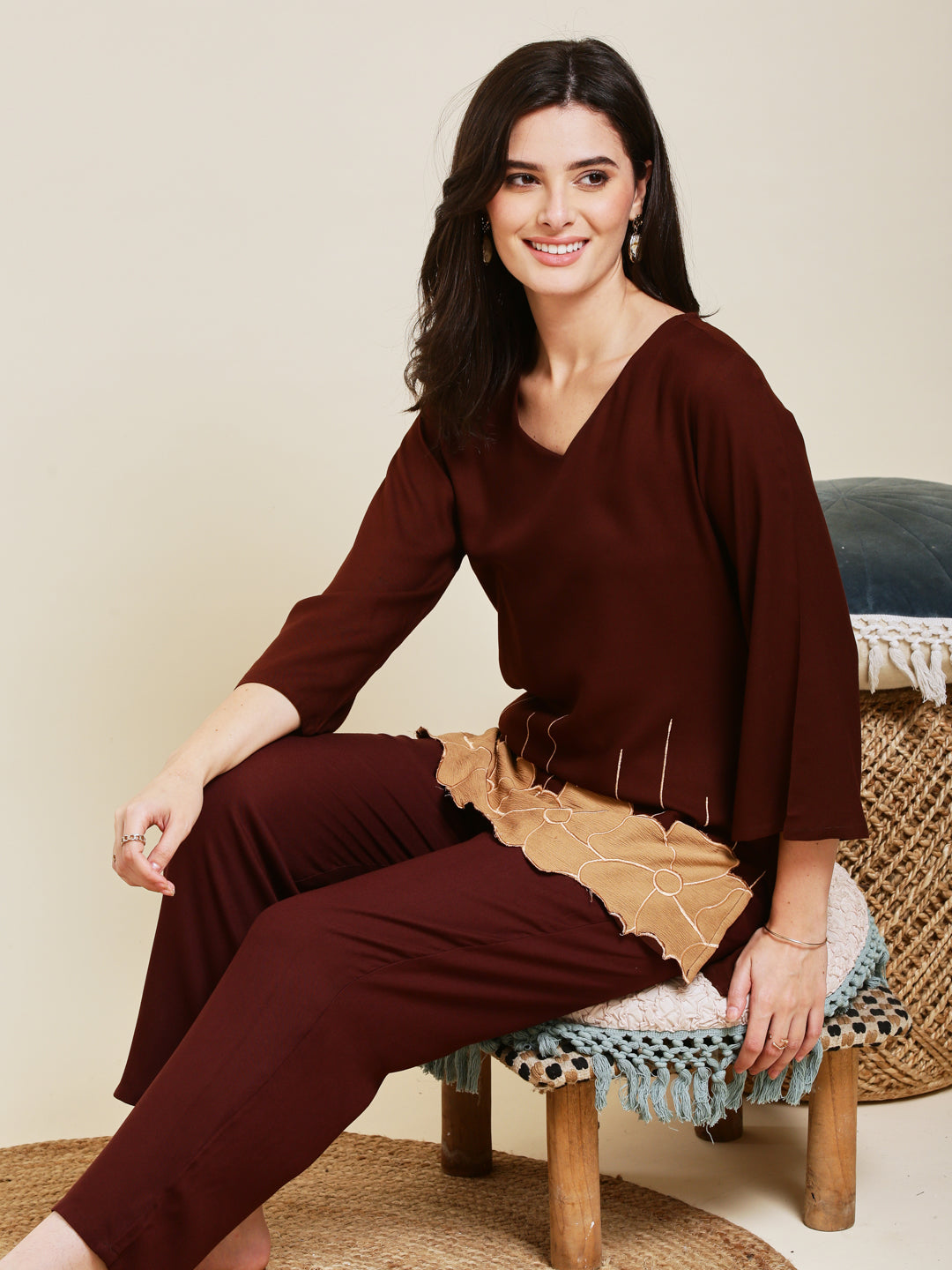 Coffee Rayon Embroidered Co-ord Set for Women