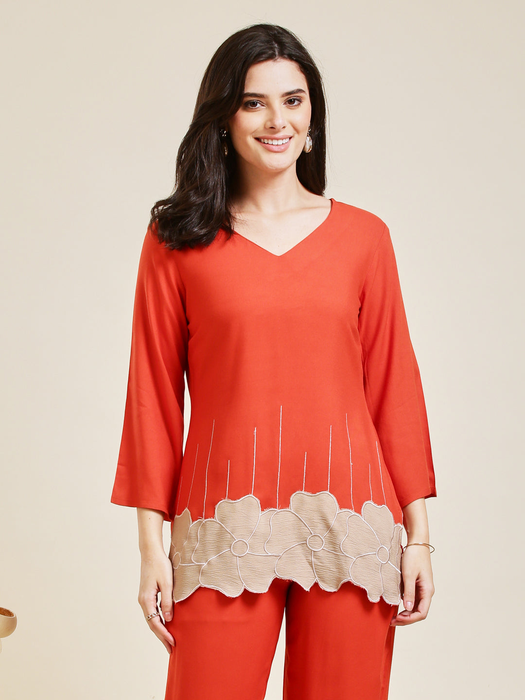 Orange Rayon Embroidered Co-ord Set for Women