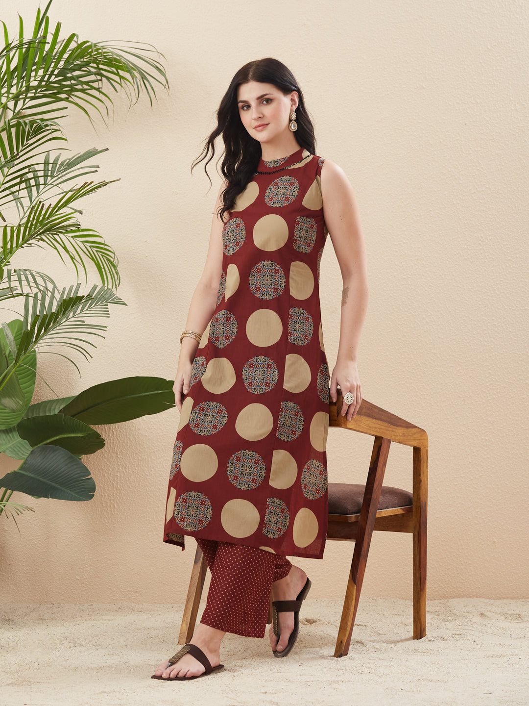 Women’s Maroon Cotton Printed Straight Co-ords Set