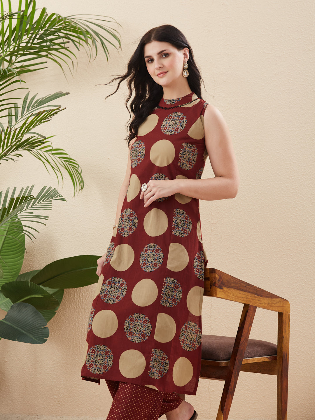 Women’s Maroon Cotton Printed Straight Co-ords Set