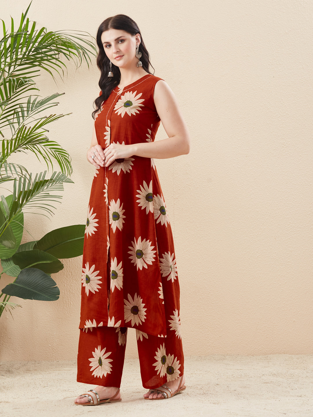 Orange Cotton Handwork Floral Printed Kurta Palazzo Co-Ord Set