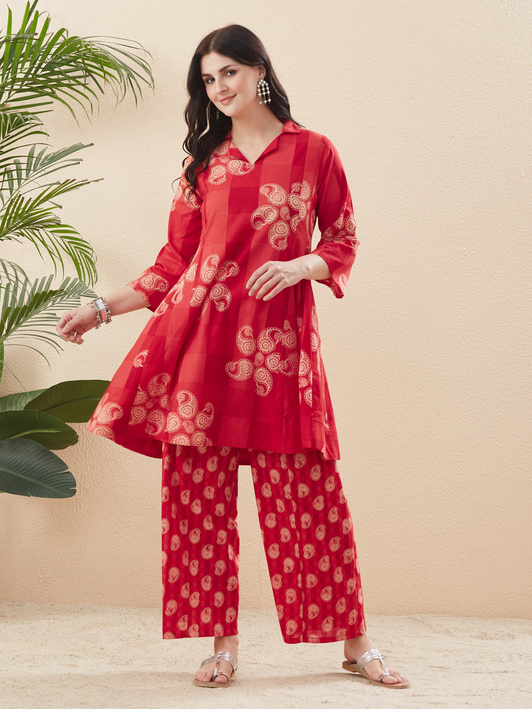 Red Cotton Printed A-Line Kurta Palazzo Co-ord Set for Women