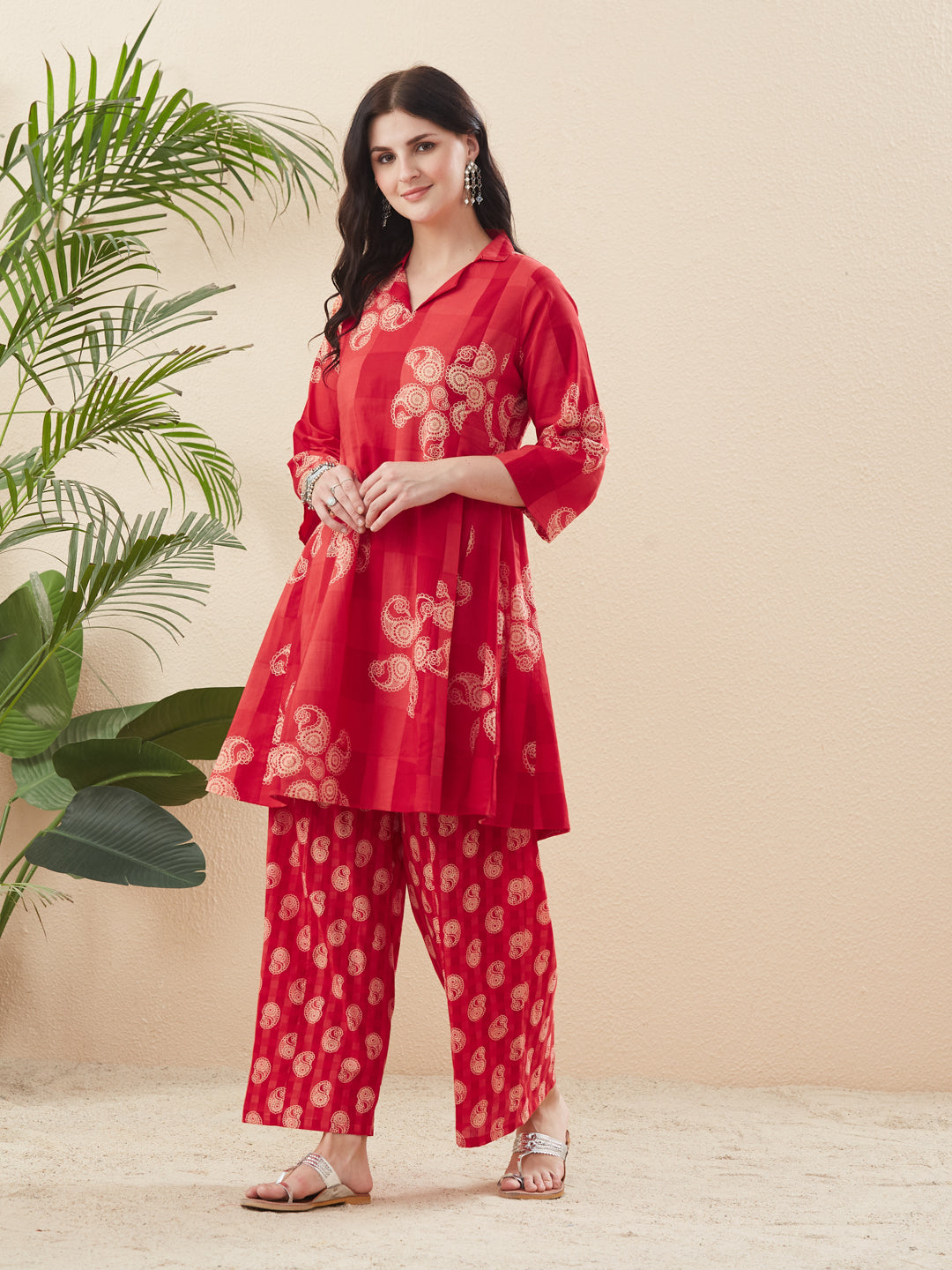 Red Cotton Printed A-Line Kurta Palazzo Co-ord Set for Women