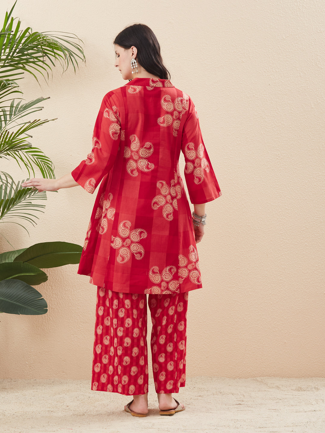 Red Cotton Printed A-Line Kurta Palazzo Co-ord Set for Women