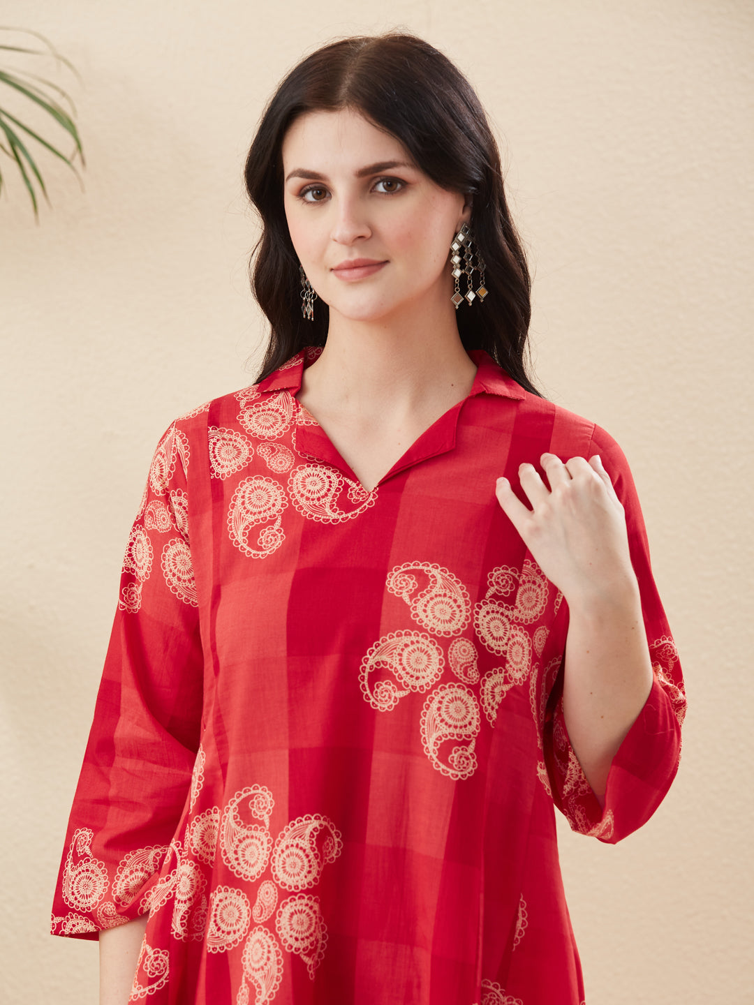 Red Cotton Printed A-Line Kurta Palazzo Co-ord Set for Women