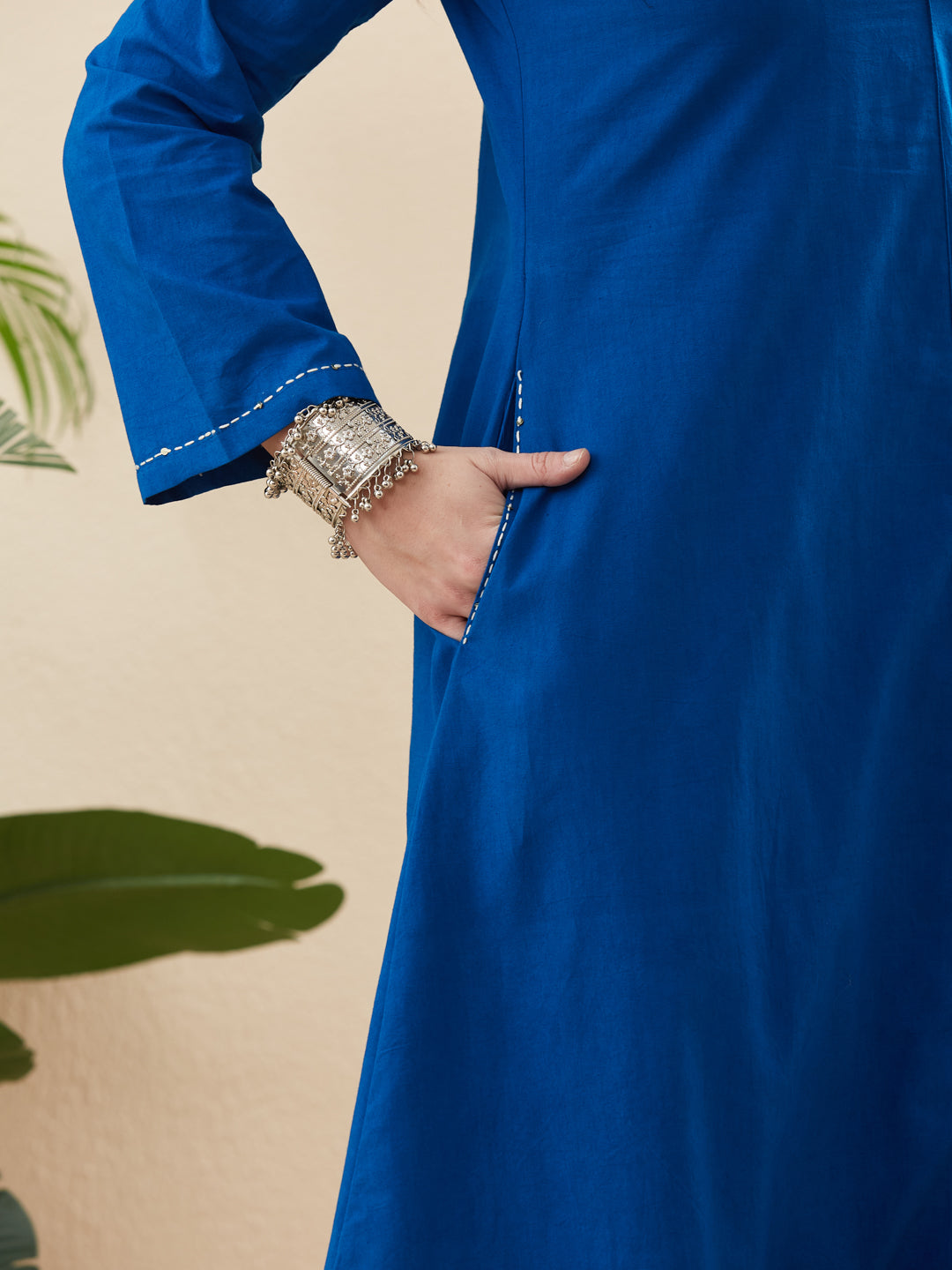 Royal Blue Cotton Solid Handwork Straight Kurta with Matching Pants Set