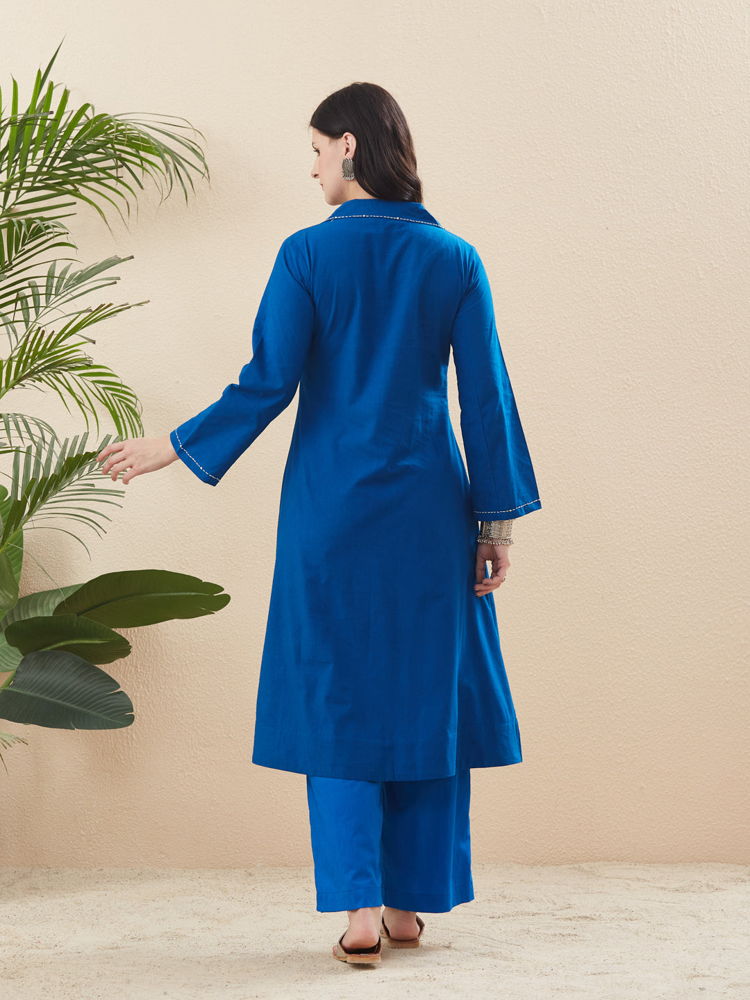 Royal Blue Cotton Solid Handwork Straight Kurta with Matching Pants Set