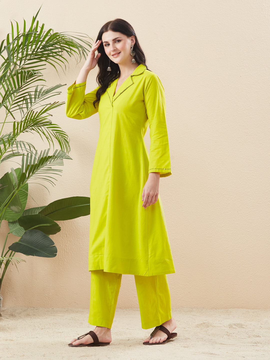 Neon Cotton Solid Handwork Kurta Set with Relaxed Fit Pants For Women