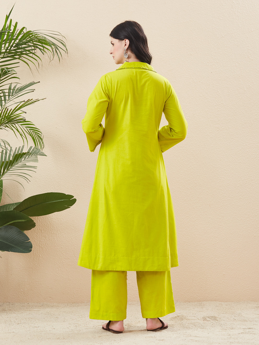 Neon Cotton Solid Handwork Kurta Set with Relaxed Fit Pants For Women
