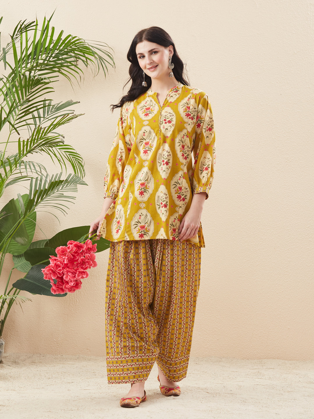 Women’s Mustard Cotton Floral Printed Kurta Pant Co-Ord Set