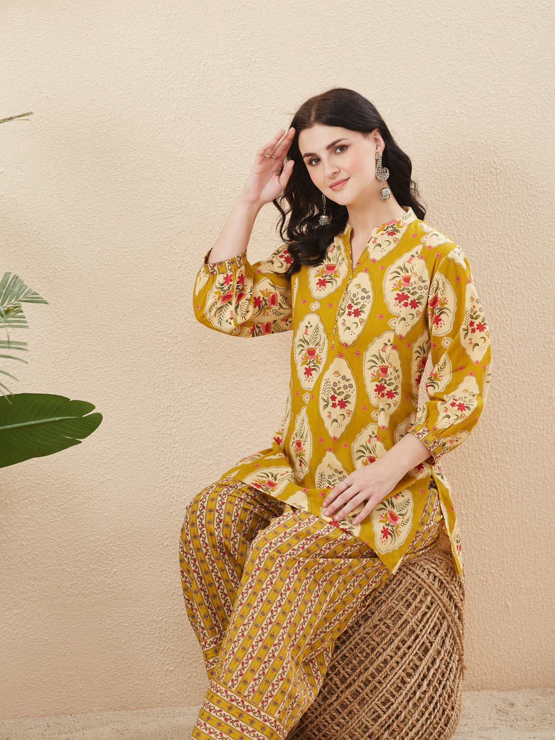 Women’s Mustard Cotton Floral Printed Kurta Pant Co-Ord Set
