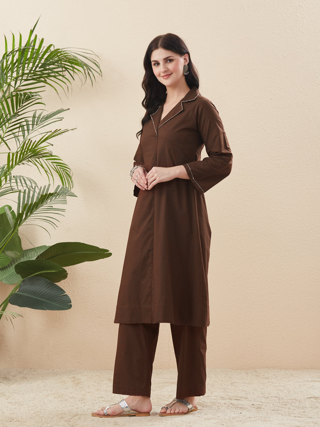 Classy Coffee Cotton Solid Handwork Co-Ord Set for Women
