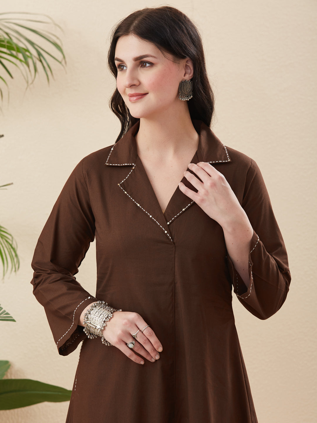 Classy Coffee Cotton Solid Handwork Co-Ord Set for Women