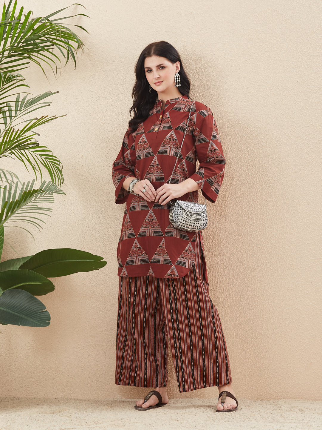 Women Red Printed Cotton Kurta with Palazzo Set
