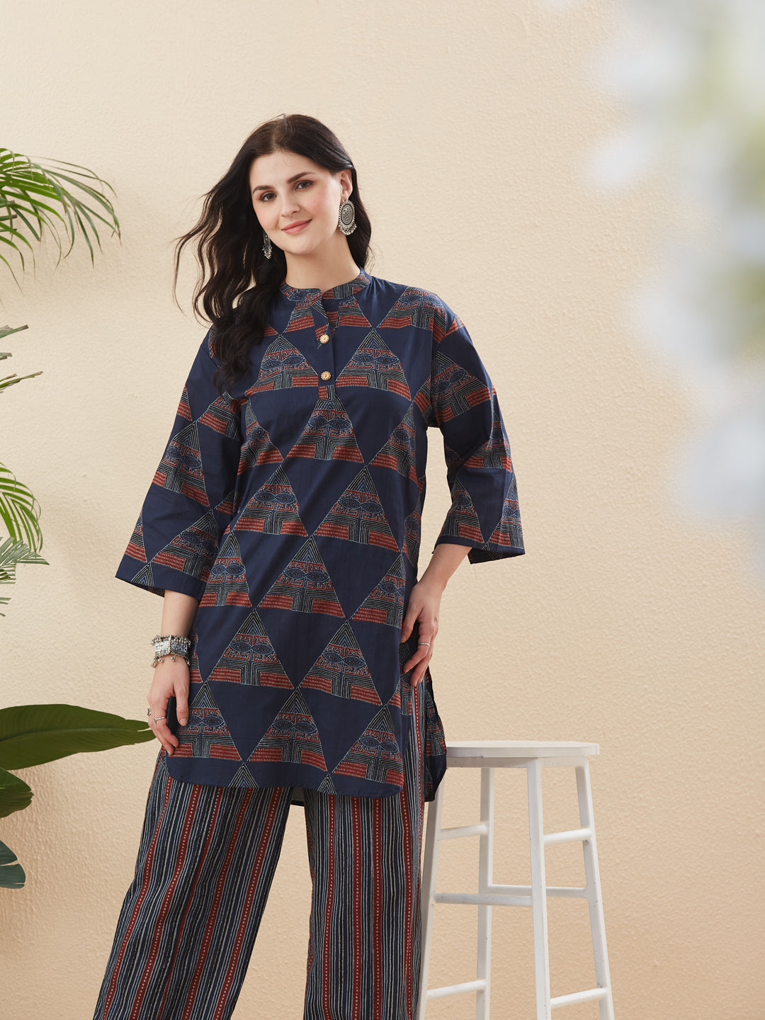 Navy Blue Cotton Printed Co-ord Set for Women