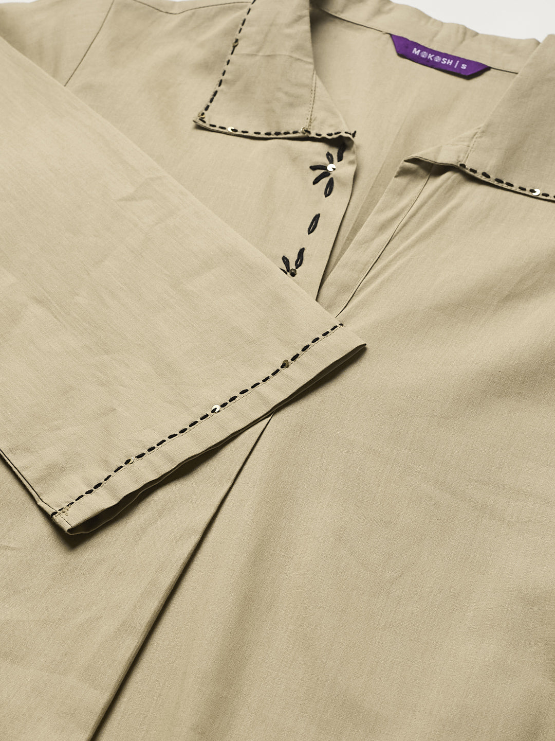 Women Light Beige Cotton Handwork Solid Kurta Co-Ord Set