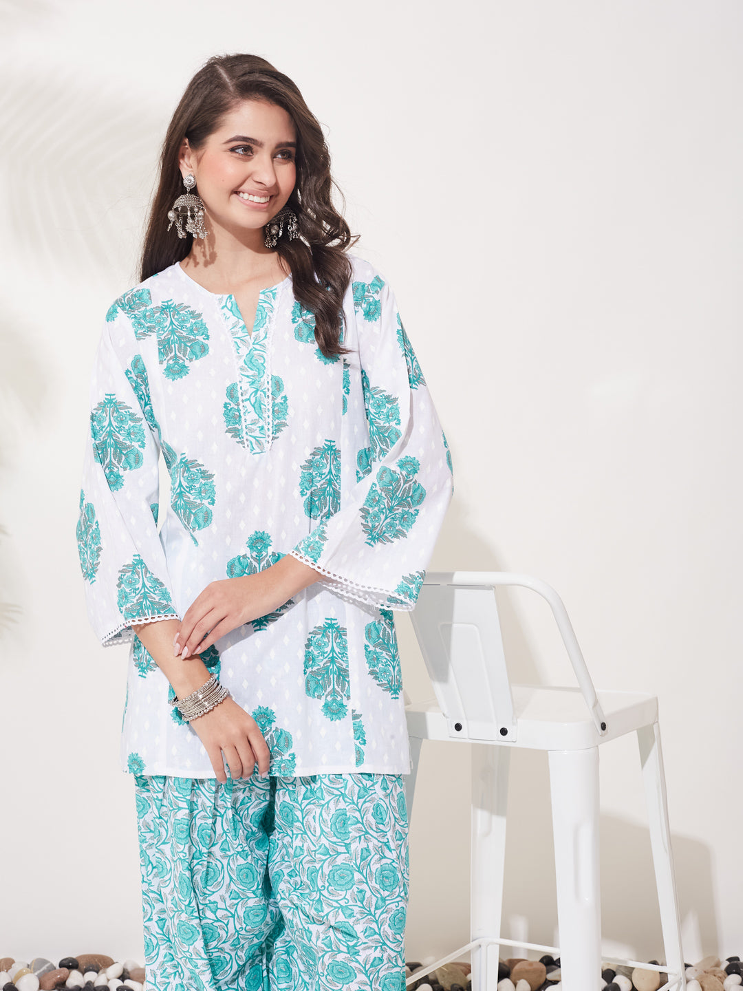 Women’s Aqua Blue Cotton Printed Kurta Palazzo Set