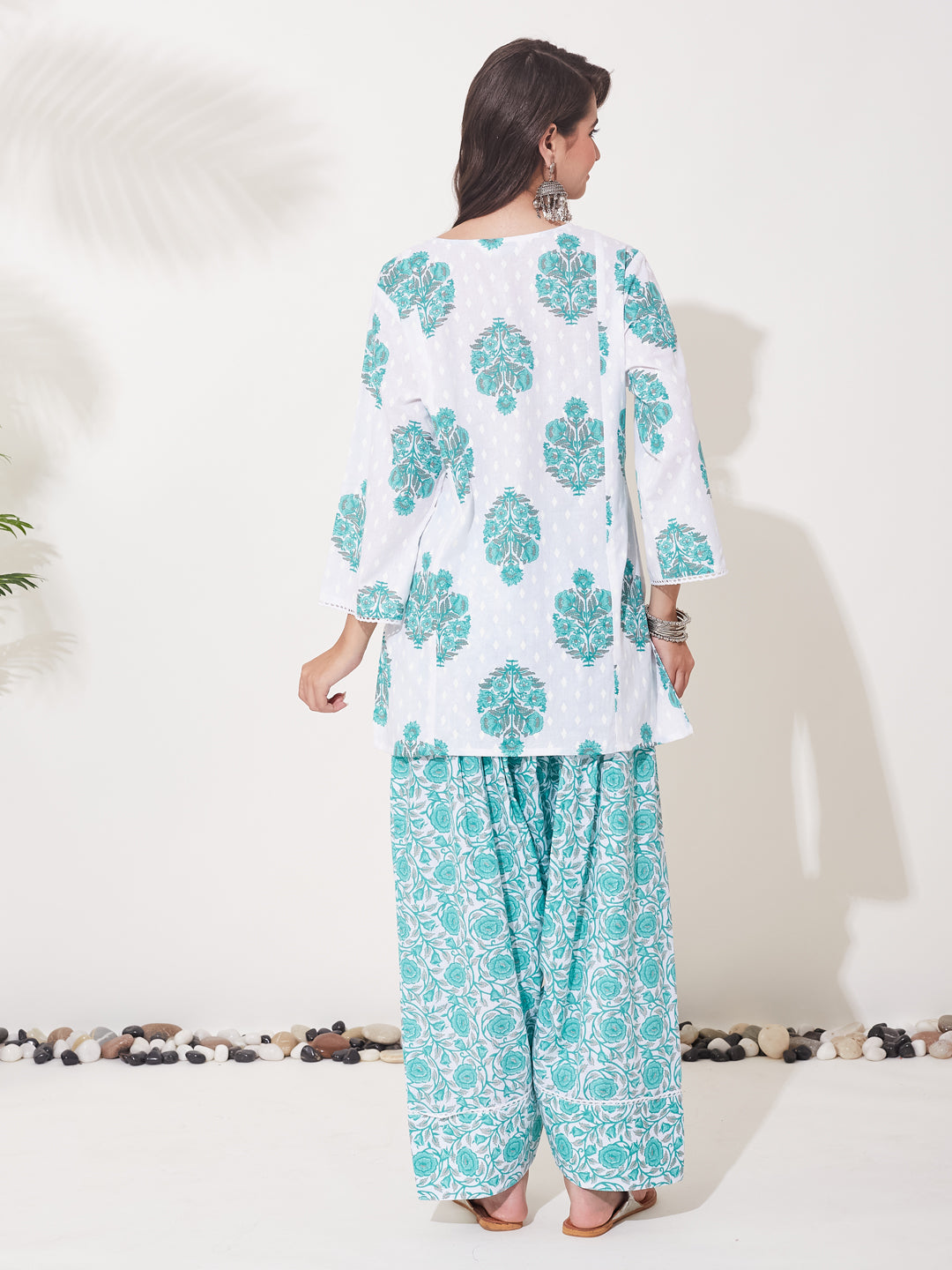 Women’s Aqua Blue Cotton Printed Kurta Palazzo Set