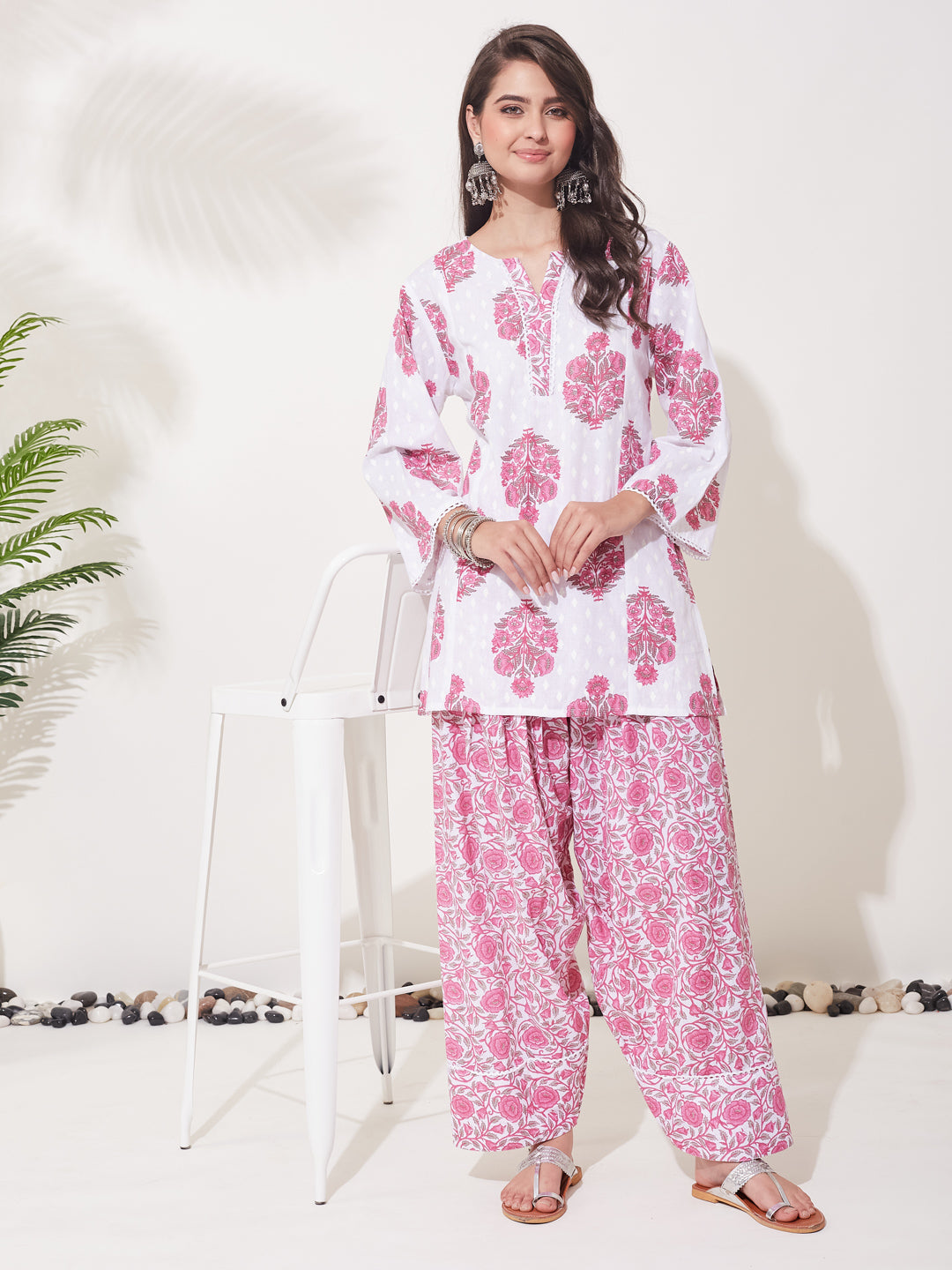 Pink Printed Cotton Kurta Set with Palazzo for Women