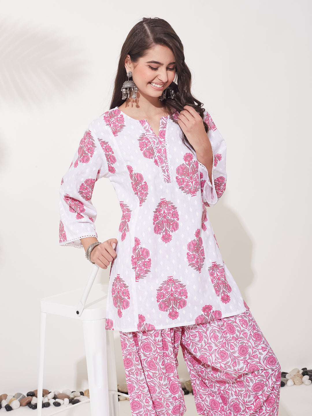 Pink Printed Cotton Kurta Set with Palazzo for Women