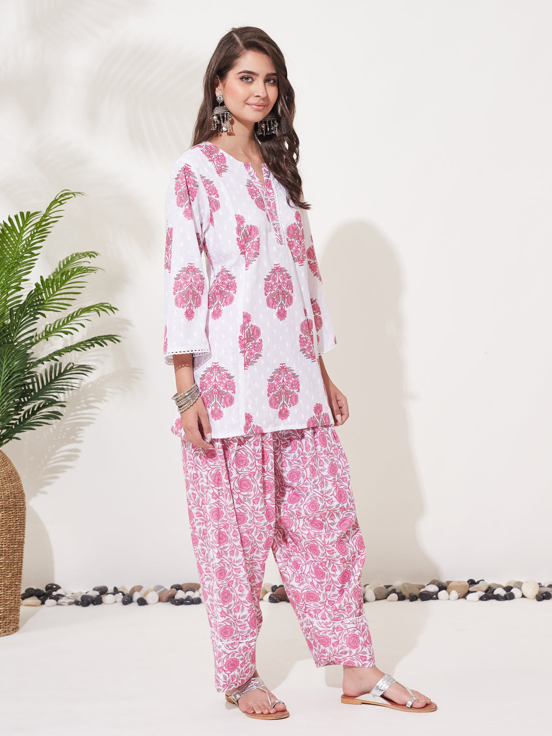 Pink Printed Cotton Kurta Set with Palazzo for Women