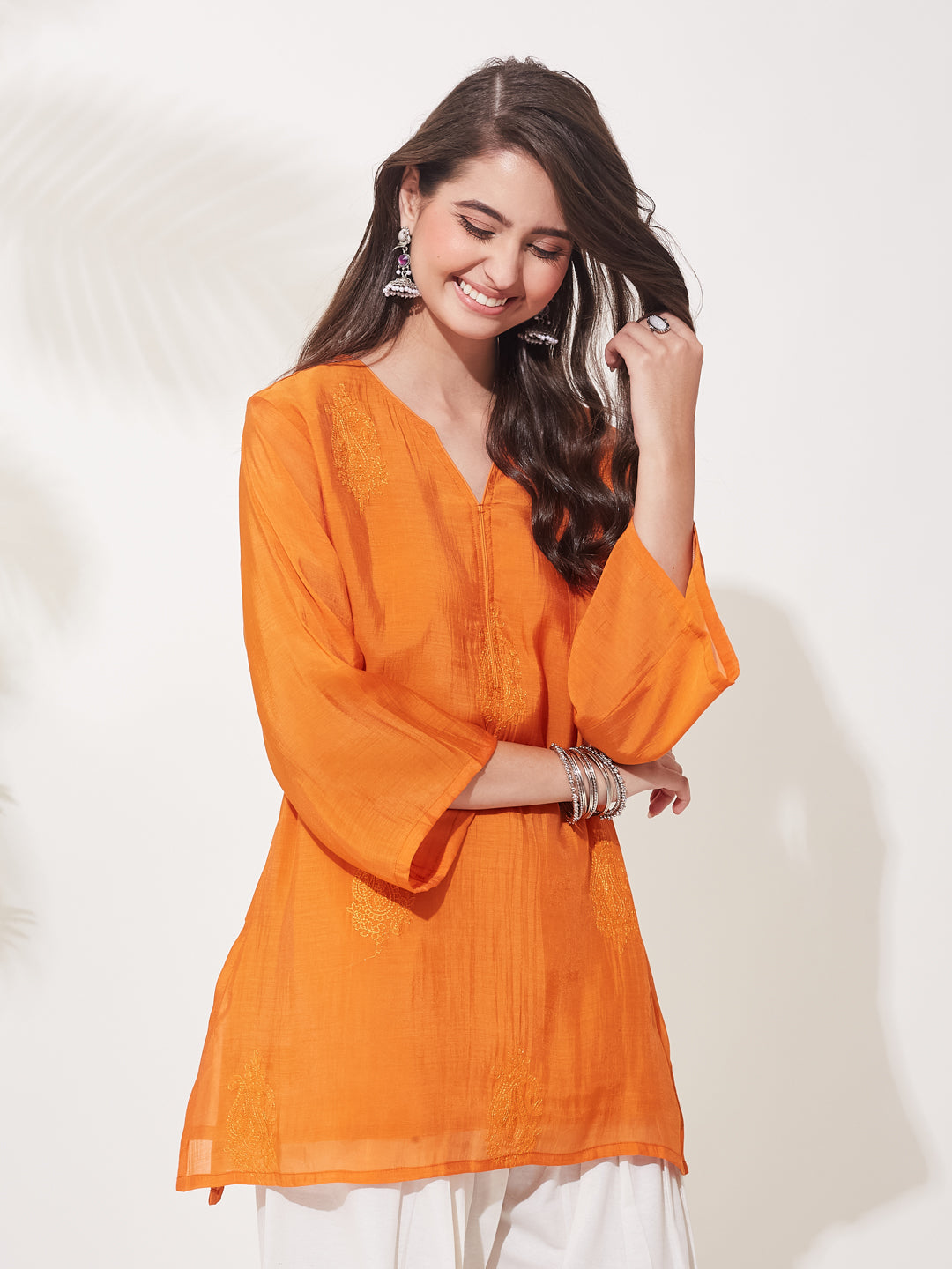 Orange Cotton Embroidered Kurta with White Salwar Pants For Women