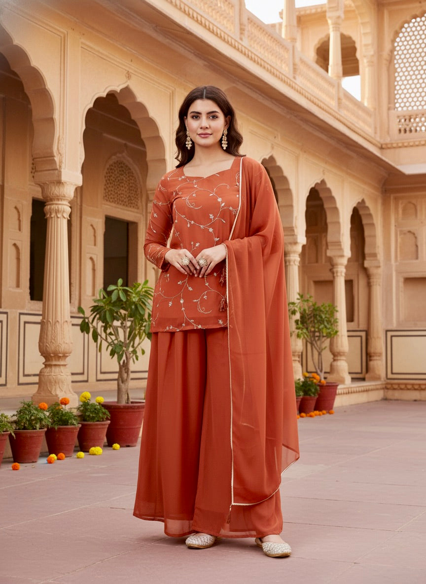 Orange Embroidered Georgette Straight Suit Set With Dupatta